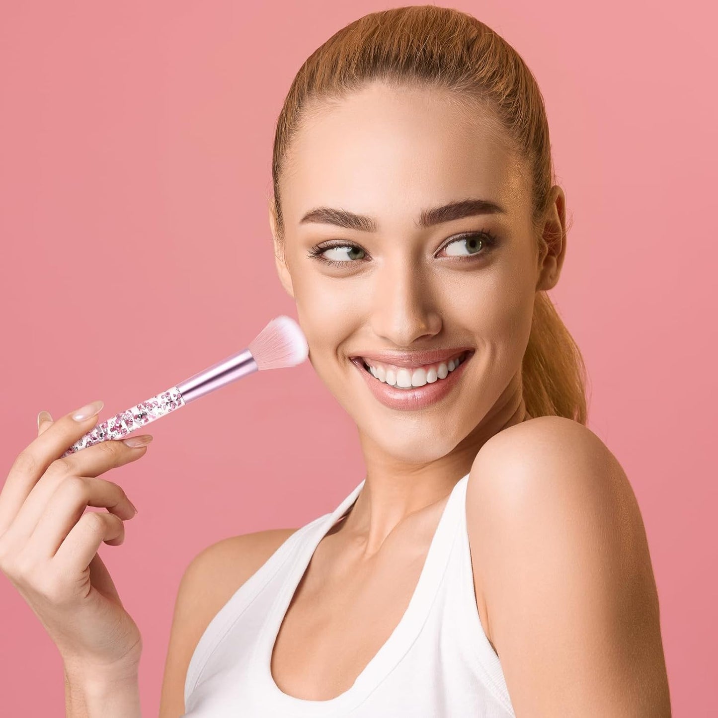 7 Pcs Makeup Brushes for Women, Cute Pink Makeup Brushes Crystal Sparkles , Lip Highlight Eye Shadow Eyebrow Brush Set with Sequins Handle Professional