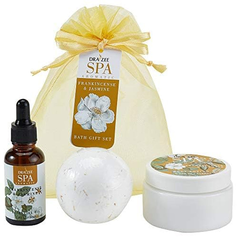 Draizee Luxury Spa Gifts for Women - Refreshing Frankincense & Jasmine Fragrance Bath and Body Set of 3-Piece with Body Lotion, Essential Oil, Bath Bomb -Ideal Gift for Her, Mom, Wife, Grandma