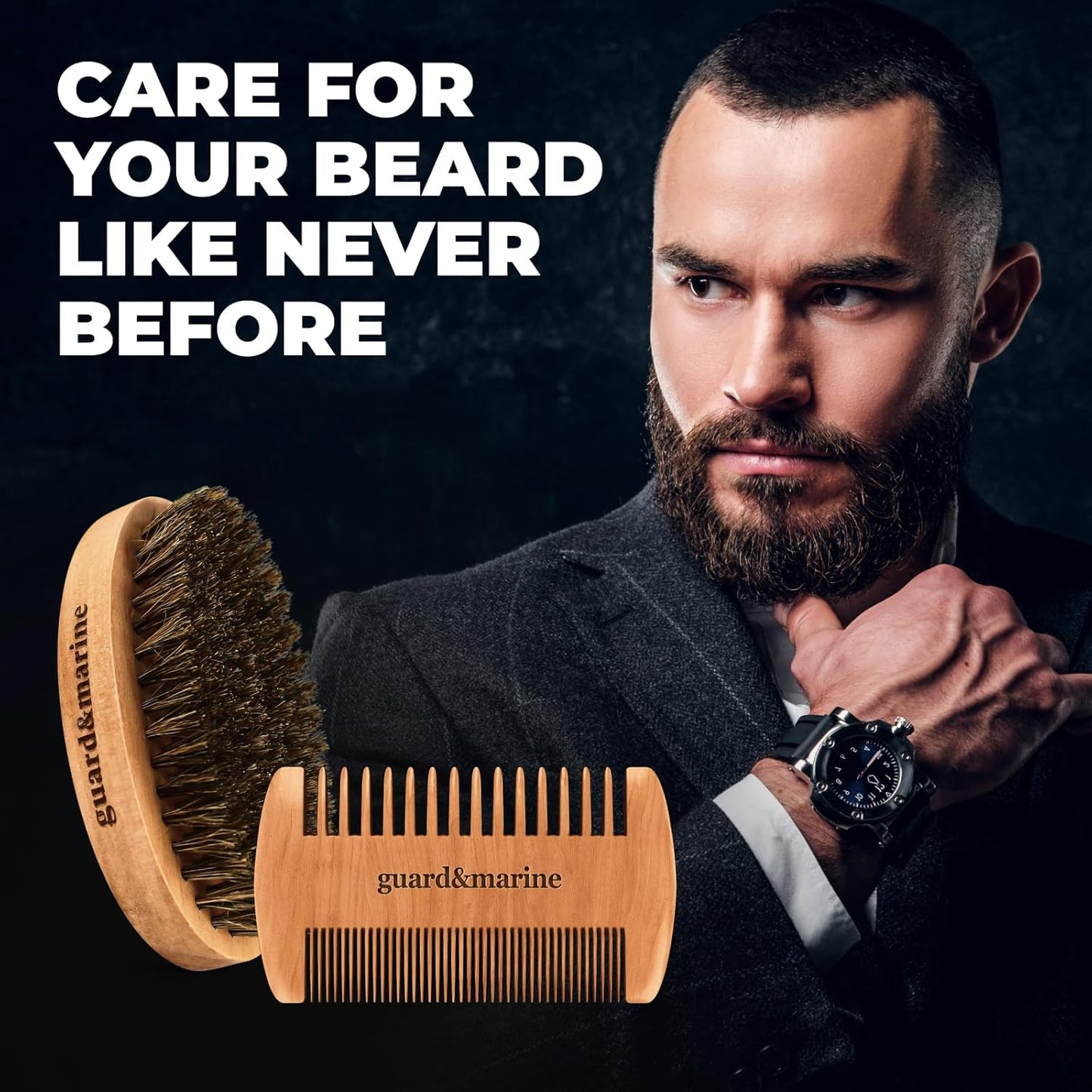 GUARD&MARINE Beard Brush & Comb Set ,Beechwood Comb Kit for Men'S Beard and Mustache Care (Brown)