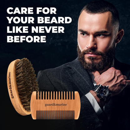 GUARD&MARINE Beard Brush & Comb Set ,Beechwood Comb Kit for Men'S Beard and Mustache Care (Brown)