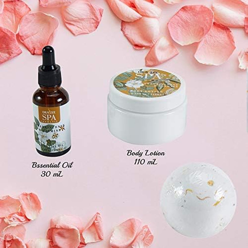 Draizee Luxury Spa Gifts for Women - Refreshing Frankincense & Jasmine Fragrance Bath and Body Set of 3-Piece with Body Lotion, Essential Oil, Bath Bomb -Ideal Gift for Her, Mom, Wife, Grandma