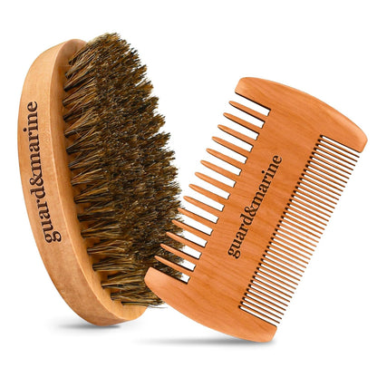GUARD&MARINE Beard Brush & Comb Set ,Beechwood Comb Kit for Men'S Beard and Mustache Care (Brown)