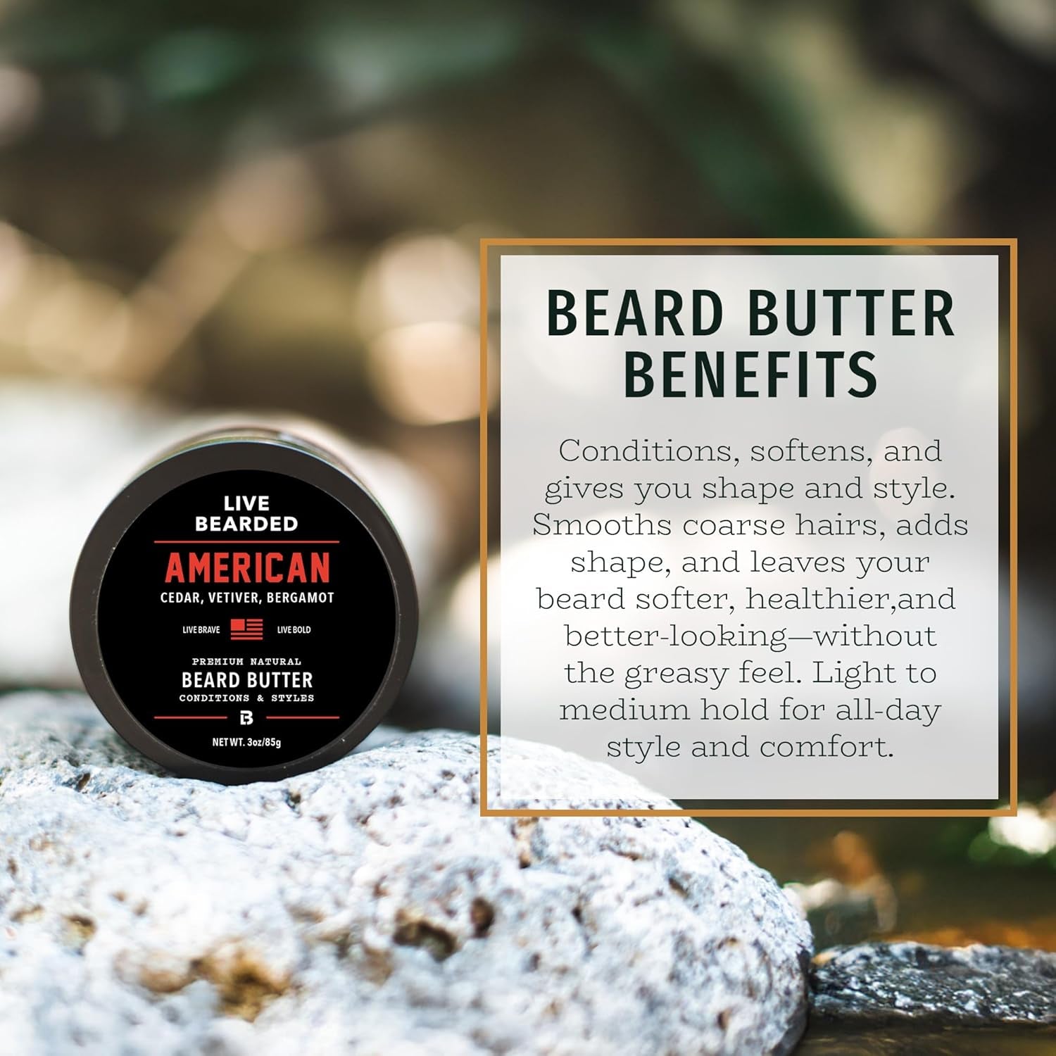 Live Bearded Beard Butter, 3 Fl Oz - Made in the USA - All-Natural | American Scent - Cedar, Vetiver, Bergamot