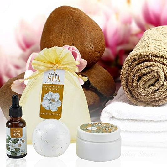 Draizee Luxury Spa Gifts for Women - Refreshing Frankincense & Jasmine Fragrance Bath and Body Set of 3-Piece with Body Lotion, Essential Oil, Bath Bomb -Ideal Gift for Her, Mom, Wife, Grandma