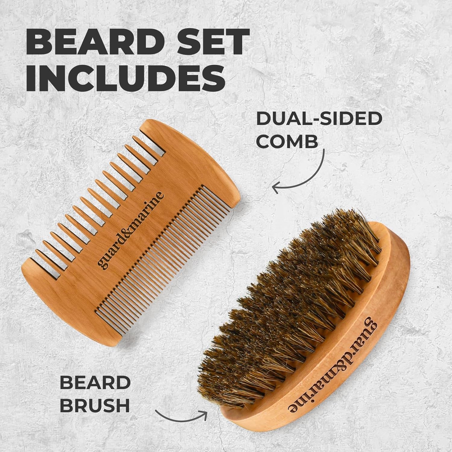 GUARD&MARINE Beard Brush & Comb Set ,Beechwood Comb Kit for Men'S Beard and Mustache Care (Brown)