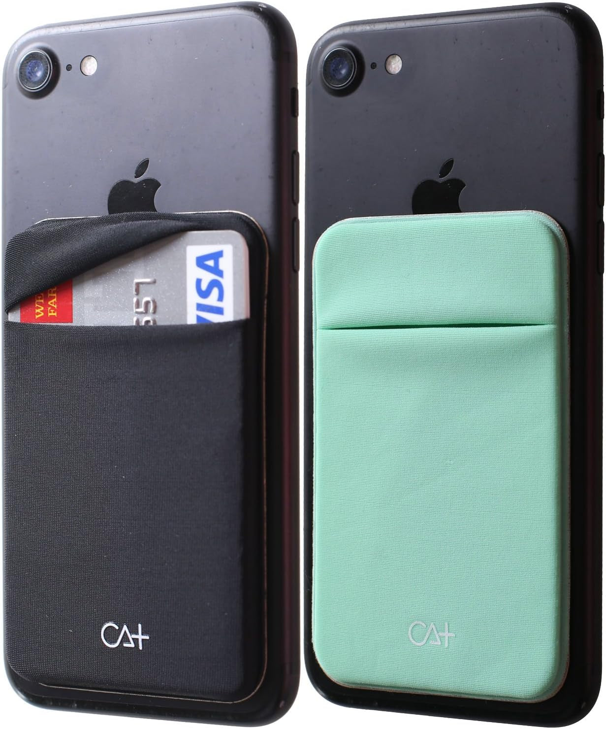 CA+ Adhesive Phone Wallet Card Holder - Durable Stick-On Sleeve for ID and Credit Cards (Black & Mint)