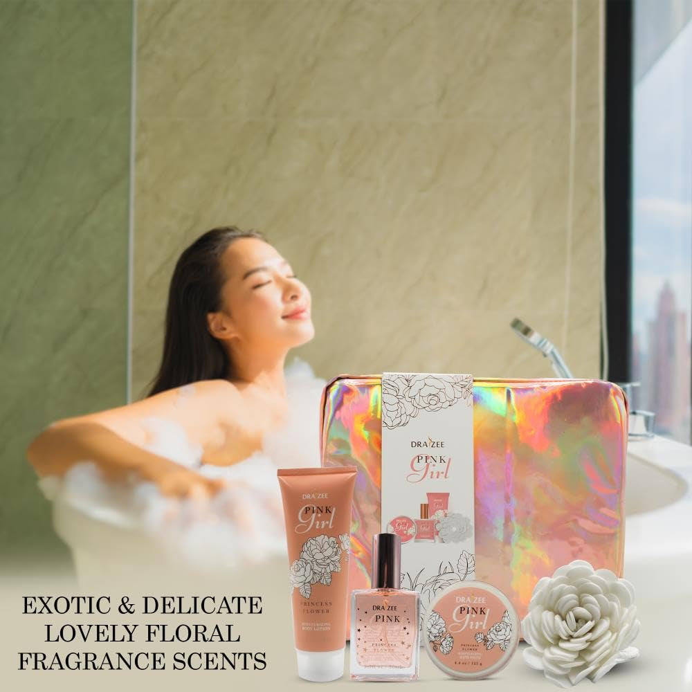 Draizee Luxury Spa Gift Baskets for Women-5 Pcs Princess Flower Scented Bath and Body Spa Set-Self Care Package, Gift for Mom-Bath Basket-Body Care Set for Girlfriend