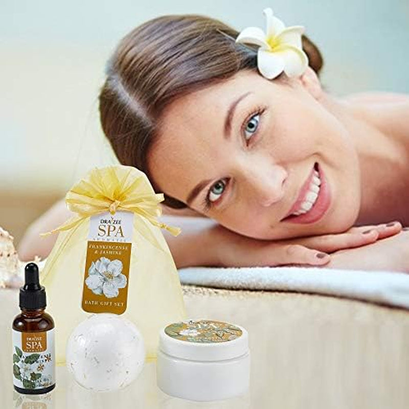 Draizee Luxury Spa Gifts for Women - Refreshing Frankincense & Jasmine Fragrance Bath and Body Set of 3-Piece with Body Lotion, Essential Oil, Bath Bomb -Ideal Gift for Her, Mom, Wife, Grandma