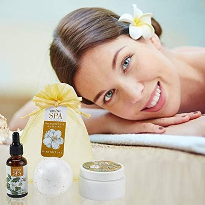Draizee Luxury Spa Gifts for Women - Refreshing Frankincense & Jasmine Fragrance Bath and Body Set of 3-Piece with Body Lotion, Essential Oil, Bath Bomb -Ideal Gift for Her, Mom, Wife, Grandma