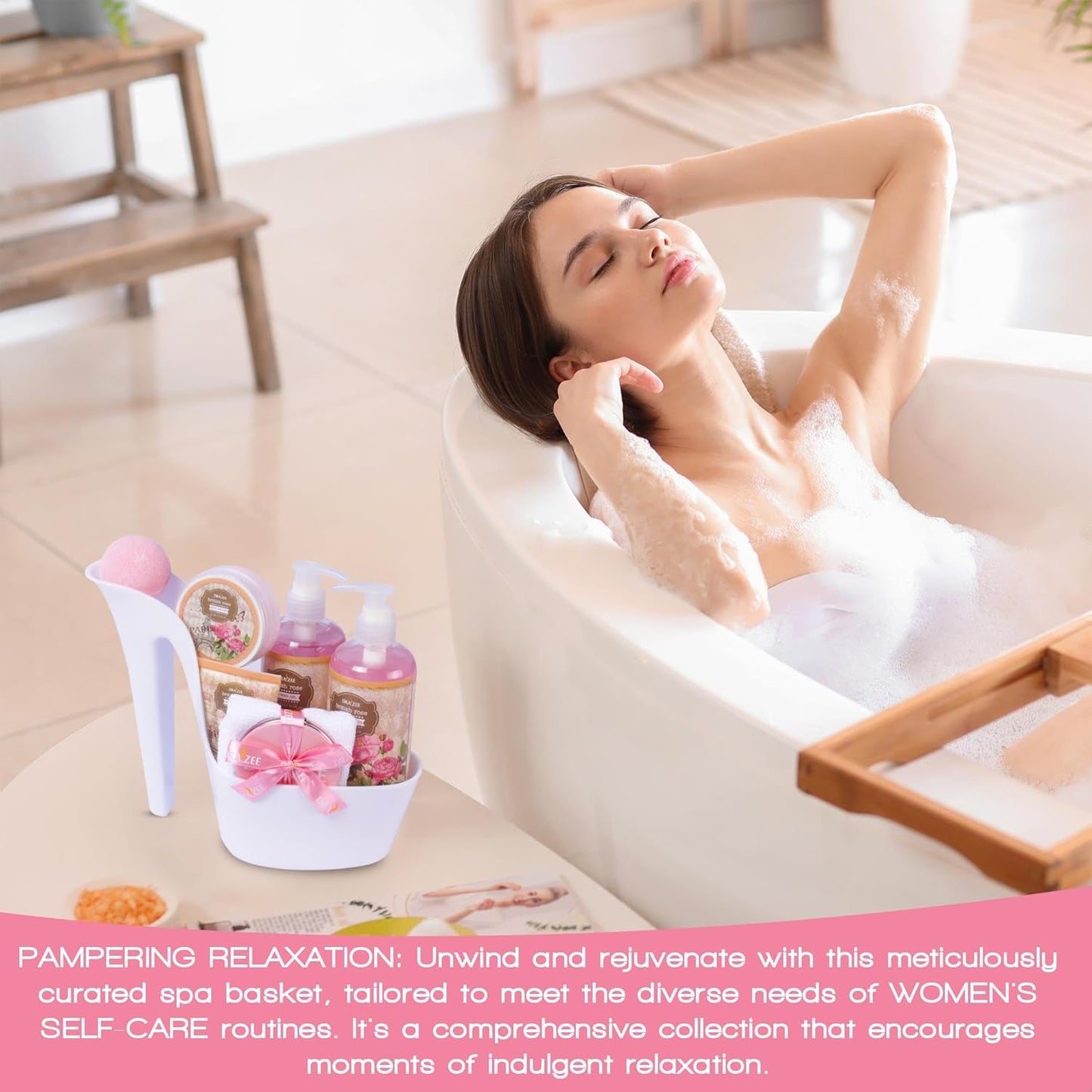 Luxury Spa Gifts for Women – 8 Pc Rose Scented Bath and Body Set with Bubble Bath, Lotion & More – Luxury Self Care Kit for Wife, Mom, Best Friend, Girlfriend, Anniversary Gift by Draizee