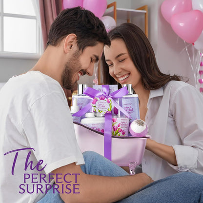 Spa Gift Basket - 8 Pcs Tulip Scents Bath & Body Gift Set for Women, Spa Gift Kit, Birthday Gifts, Self Care, Pampering Gifts for Her, All Occasion Holiday Present