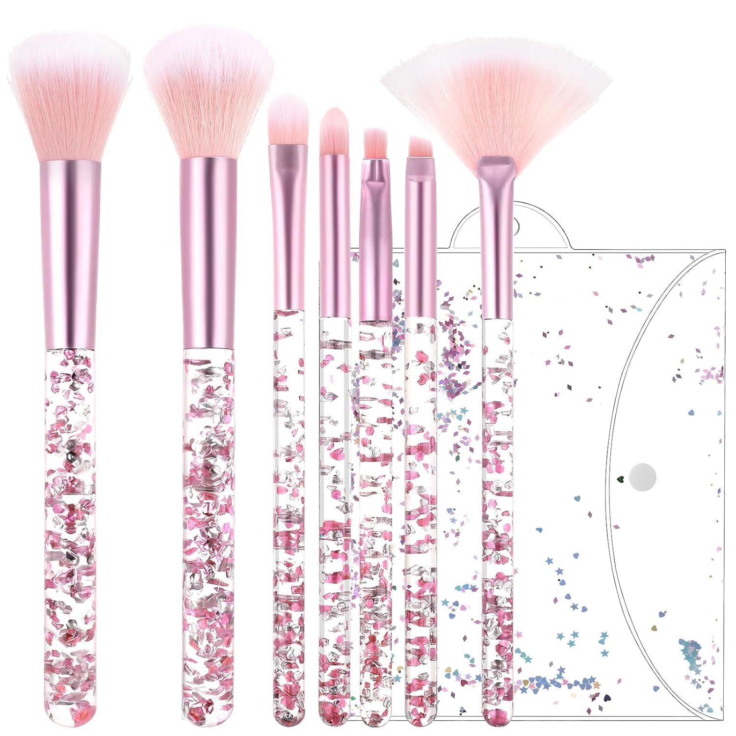 7 Pcs Makeup Brushes for Women, Cute Pink Makeup Brushes Crystal Sparkles , Lip Highlight Eye Shadow Eyebrow Brush Set with Sequins Handle Professional