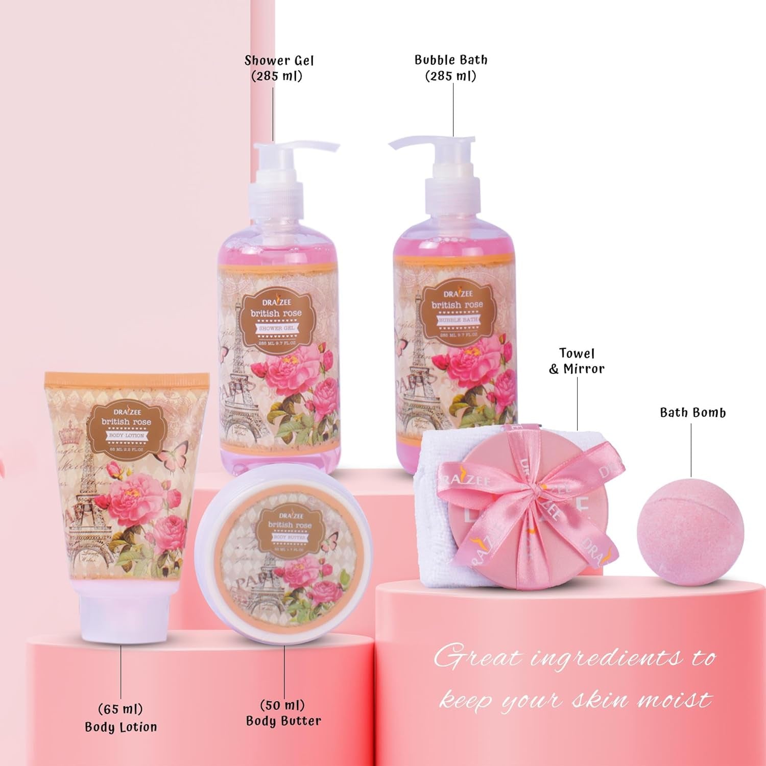 Luxury Spa Gifts for Women – 8 Pc Rose Scented Bath and Body Set with Bubble Bath, Lotion & More – Luxury Self Care Kit for Wife, Mom, Best Friend, Girlfriend, Anniversary Gift by Draizee